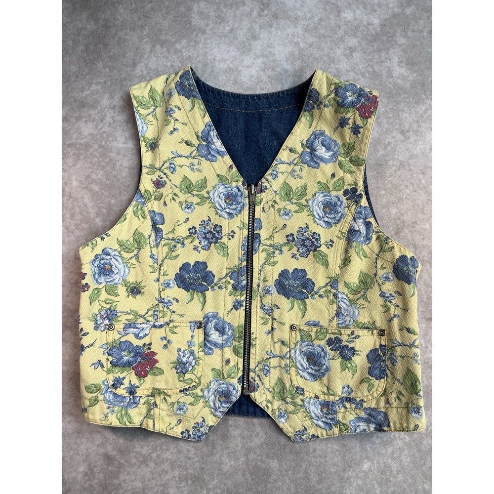 Vintage 90s Liz Claiborne Reversible Denim Floral Vest Women's Medium READ